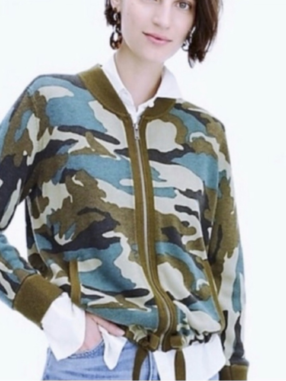 J. Crew Camo Wool Blend Knit Bomber Zip up Cardigan Jacket Green Military Medium